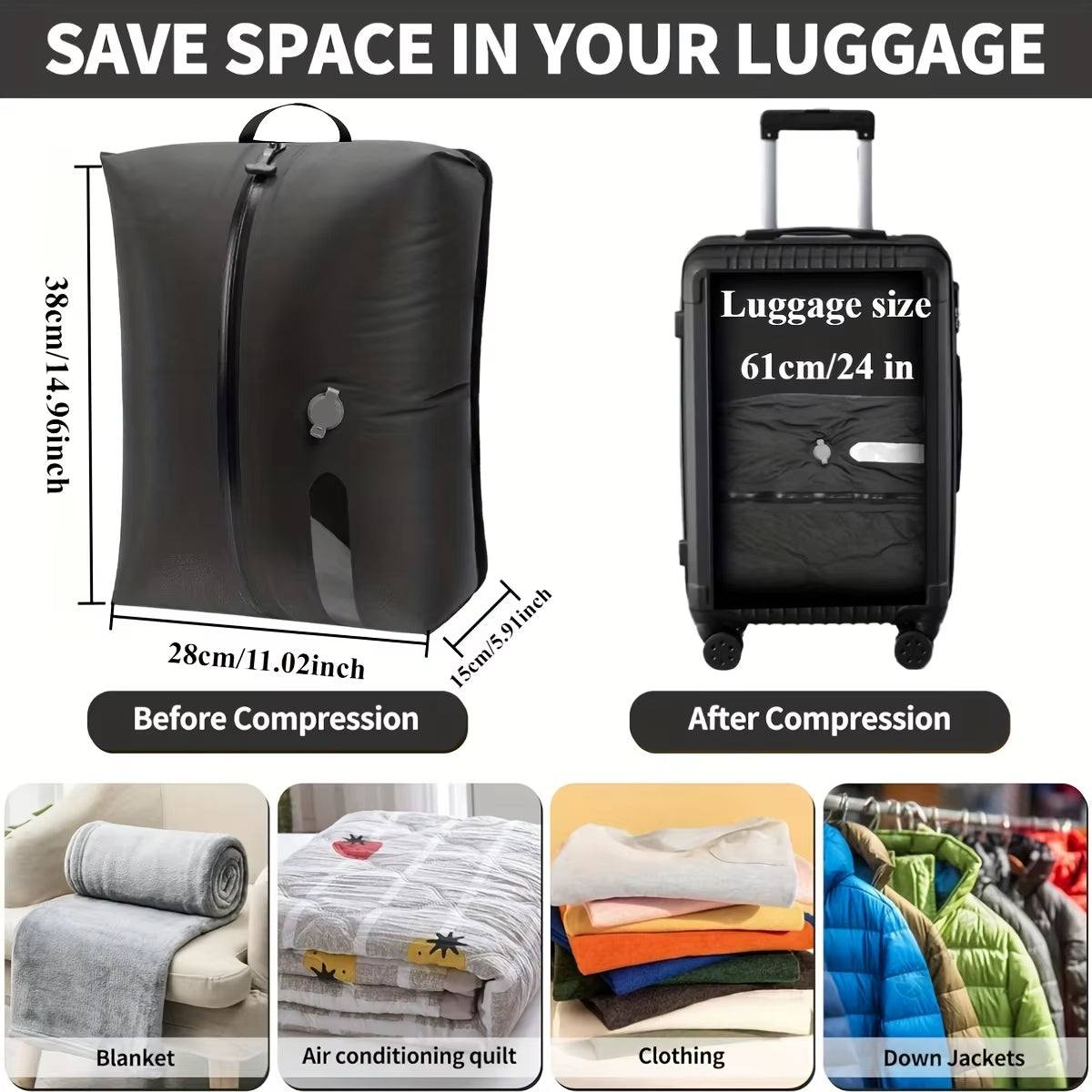 Travel Vacuum Sealed Bag, Professional Luggage Vacuum Compression Bag, Reusable Vacuum Bag, save 60% Space