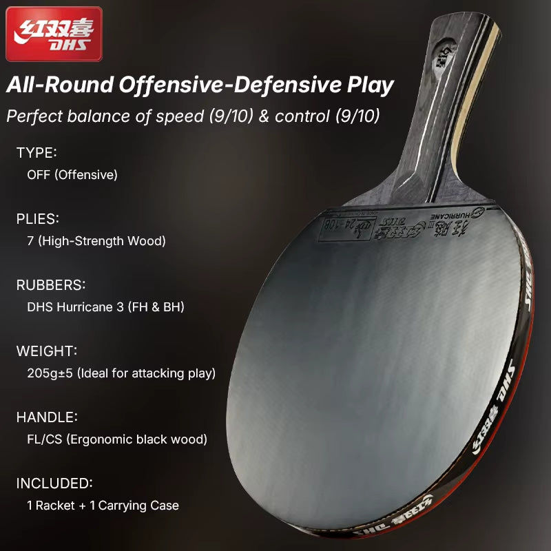 DIAMOND Black 7-Ply Table Tennis Racket with Hurricane 3 Rubbers - Professional Ping Pong Paddle Bat for Spin & Speed