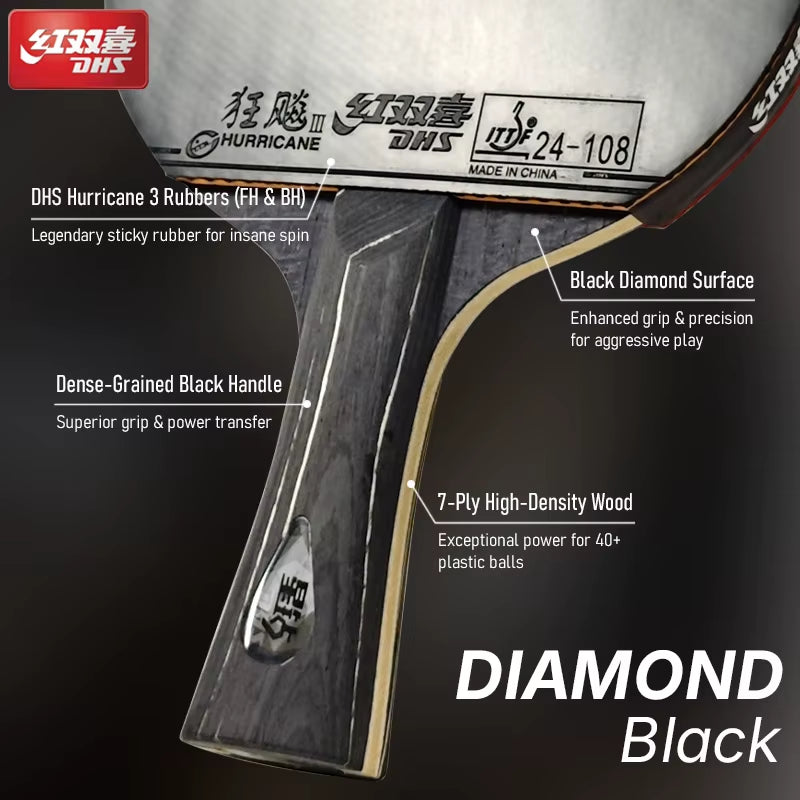 DIAMOND Black 7-Ply Table Tennis Racket with Hurricane 3 Rubbers - Professional Ping Pong Paddle Bat for Spin & Speed